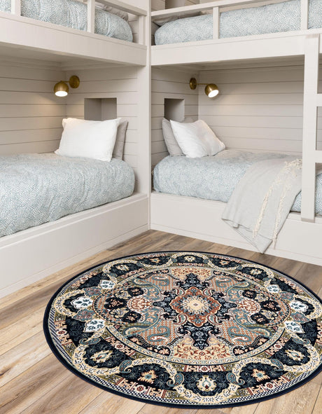 Navy Blue 6' 1 x 6' 1 Narenj Round Area Rug 85% Polypropylene & 15% Polyester Traditional Classic Carpet for Living, Dining, Bedrooms, Office for Sale at Rug Engine