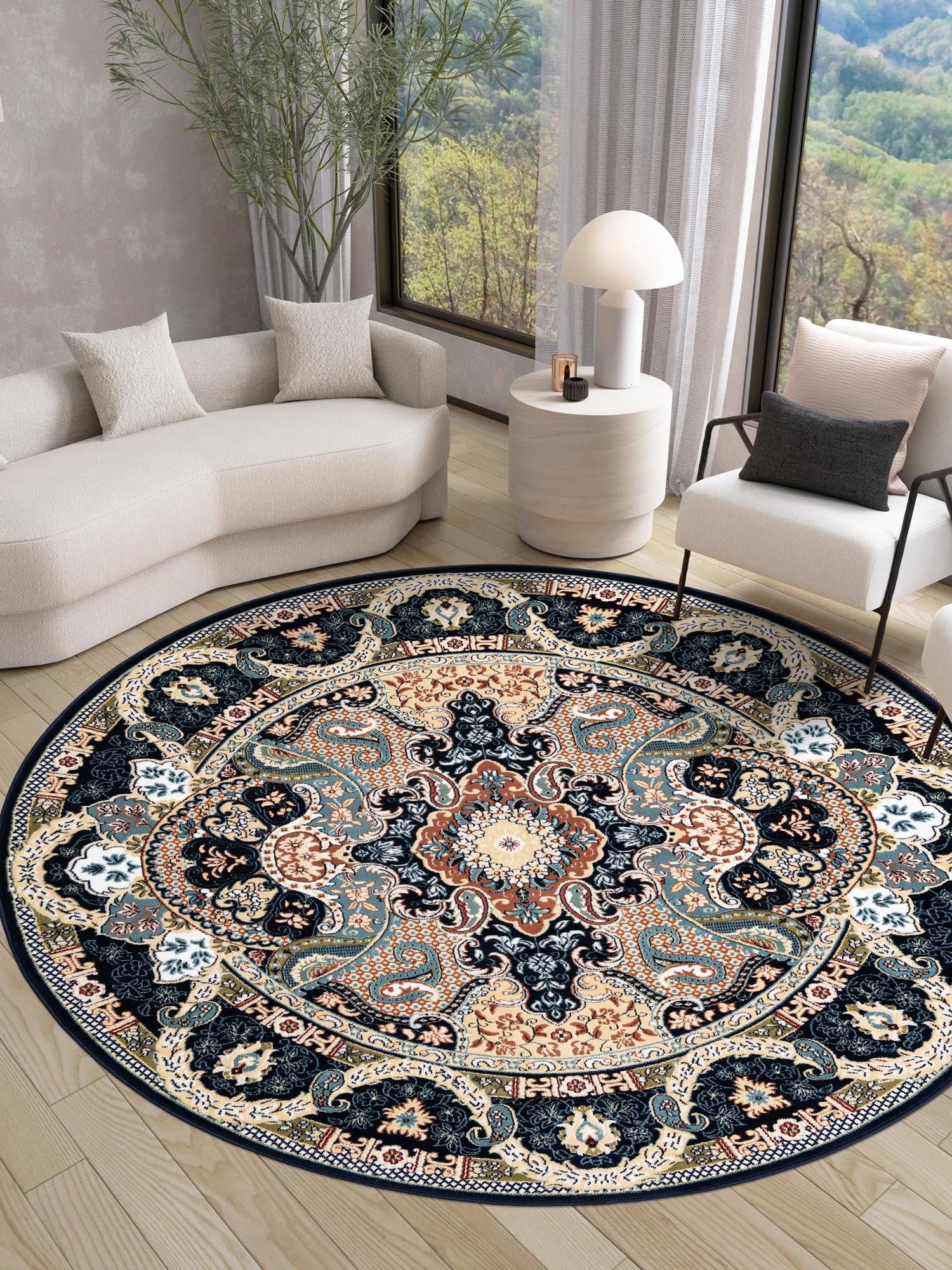 Navy Blue 10' x 10' Narenj Round Area Rug 85% Polypropylene & 15% Polyester Traditional Classic Carpet for Living, Dining, Bedrooms, Office for Sale at Rug Engine