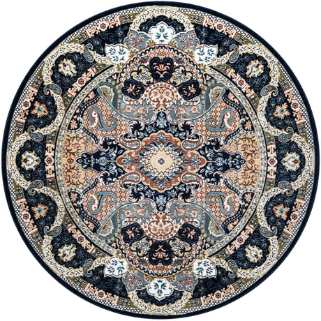 Navy Blue 5' 3 x 5' 3 Narenj Round Area Rug 85% Polypropylene & 15% Polyester Traditional Classic Carpet for Living, Dining, Bedrooms, Office for Sale at Rug Engine