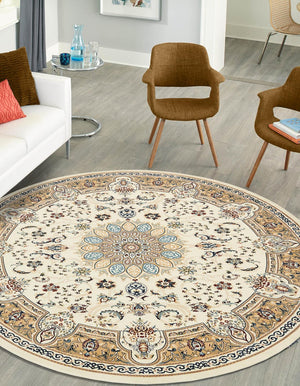 Ivory 5' 1 x 5' 1 Narenj Round Area Rug 85% Polypropylene & 15% Polyester Traditional Classic Carpet for Living, Dining, Bedrooms, Office for Sale at Rug Engine