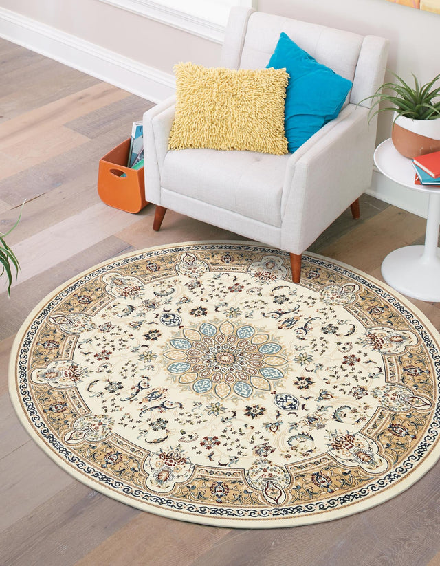 Ivory 5' 1 x 5' 1 Narenj Round Area Rug 85% Polypropylene & 15% Polyester Traditional Classic Carpet for Living, Dining, Bedrooms, Office for Sale at Rug Engine