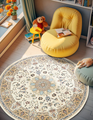 Ivory 5' 1 x 5' 1 Narenj Round Area Rug 85% Polypropylene & 15% Polyester Traditional Classic Carpet for Living, Dining, Bedrooms, Office for Sale at Rug Engine