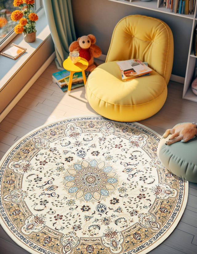 Ivory 10' x 10' Narenj Round Area Rug 85% Polypropylene & 15% Polyester Traditional Classic Carpet for Living, Dining, Bedrooms, Office for Sale at Rug Engine