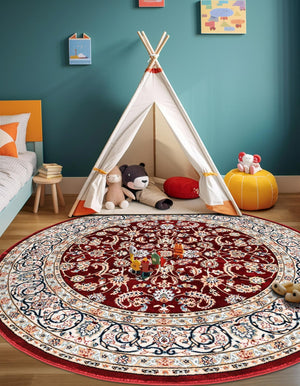 Burgundy 5' 3 x 5' 3 Narenj Round Area Rug 85% Polypropylene & 15% Polyester Traditional Classic Carpet for Living, Dining, Bedrooms, Office for Sale at Rug Engine