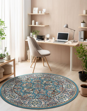 Blue 5' 3 x 5' 3 Narenj Round Area Rug 85% Polypropylene & 15% Polyester Traditional Classic Carpet for Living, Dining, Bedrooms, Office for Sale at Rug Engine