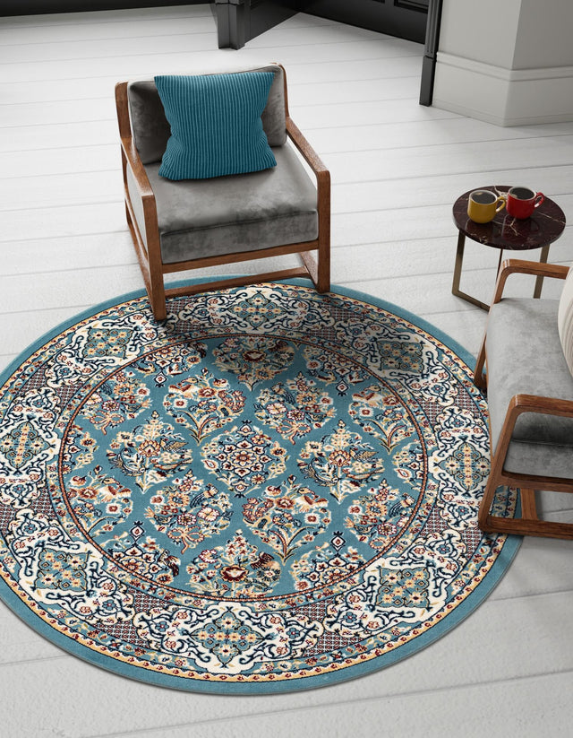 Blue 5' 3 x 5' 3 Narenj Round Area Rug 85% Polypropylene & 15% Polyester Traditional Classic Carpet for Living, Dining, Bedrooms, Office for Sale at Rug Engine