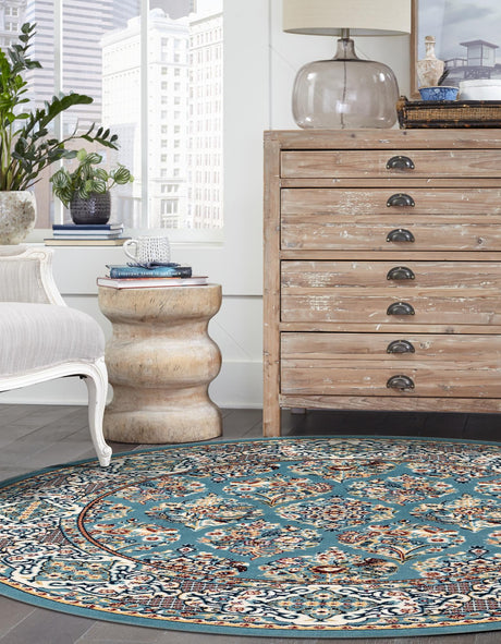 Blue 5' 3 x 5' 3 Narenj Round Area Rug 85% Polypropylene & 15% Polyester Traditional Classic Carpet for Living, Dining, Bedrooms, Office for Sale at Rug Engine
