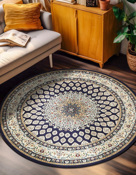 Navy Blue 5' 3 x 5' 3 Narenj Round Area Rug 85% Polypropylene & 15% Polyester Traditional Classic Carpet for Living, Dining, Bedrooms, Office for Sale at Rug Engine