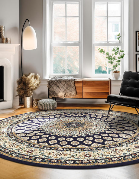 Navy Blue 5' 3 x 5' 3 Narenj Round Area Rug 85% Polypropylene & 15% Polyester Traditional Classic Carpet for Living, Dining, Bedrooms, Office for Sale at Rug Engine