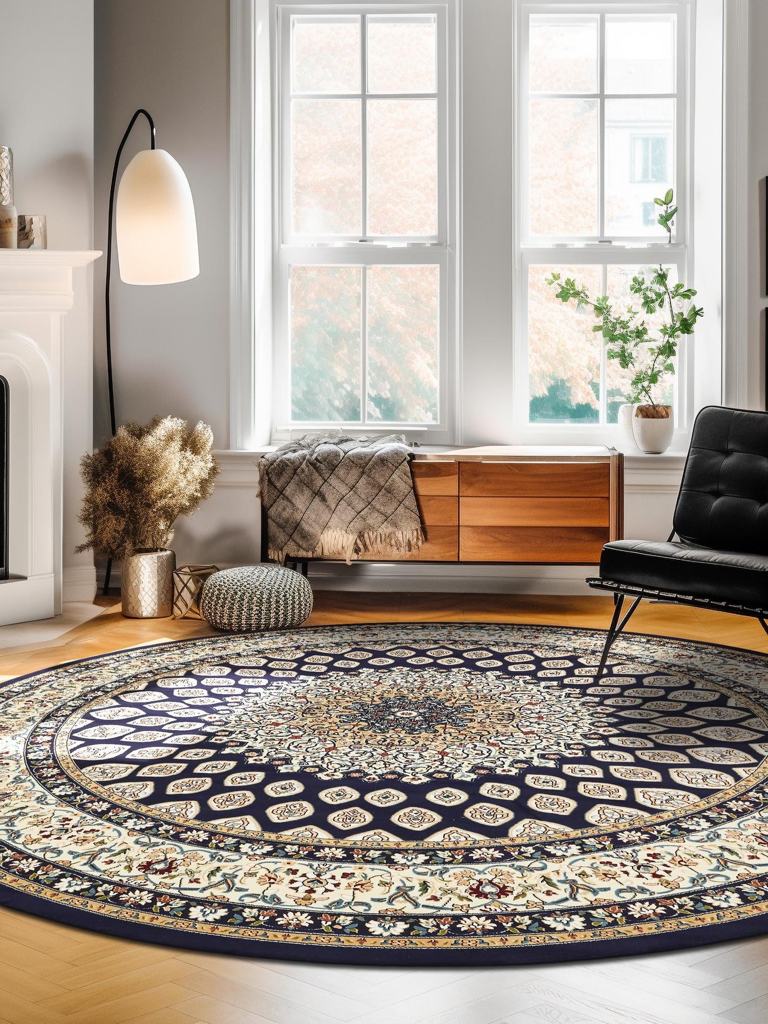 Navy Blue 10' x 10' Narenj Round Area Rug 85% Polypropylene & 15% Polyester Traditional Classic Carpet for Living, Dining, Bedrooms, Office for Sale at Rug Engine