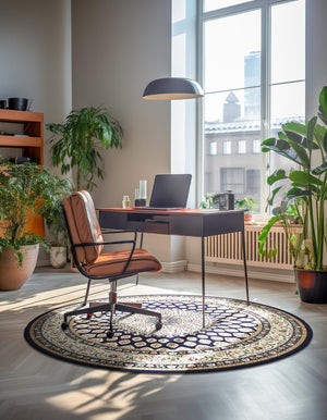 Navy Blue 5' 3 x 5' 3 Narenj Round Area Rug 85% Polypropylene & 15% Polyester Traditional Classic Carpet for Living, Dining, Bedrooms, Office for Sale at Rug Engine