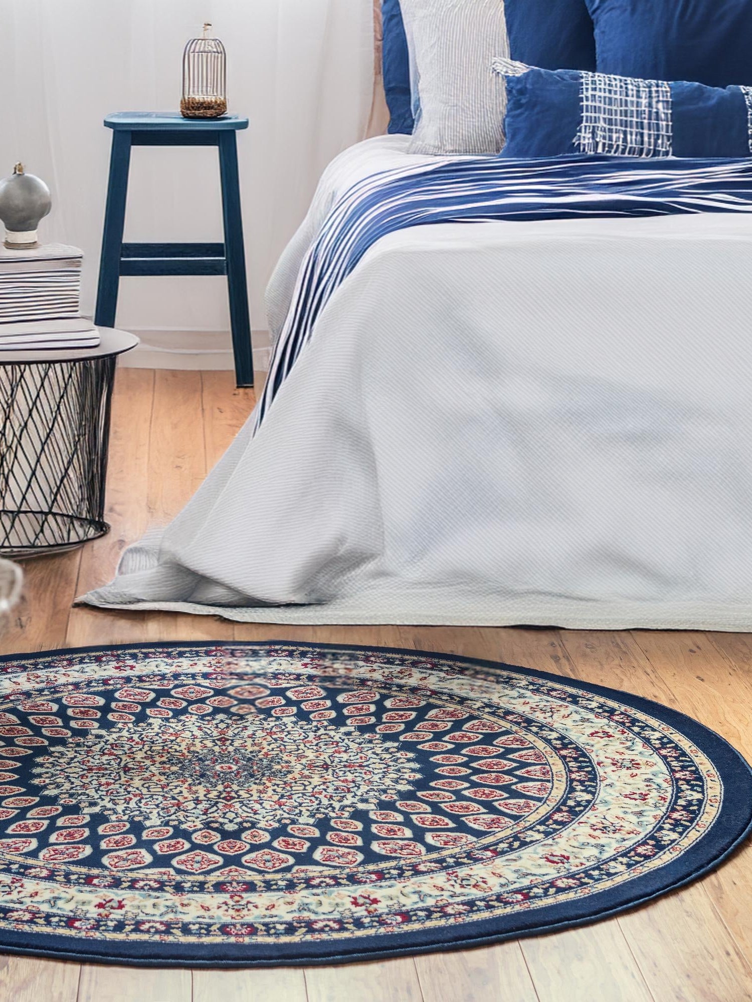 Navy Blue 10' x 10' Narenj Round Area Rug 85% Polypropylene & 15% Polyester Traditional Classic Carpet for Living, Dining, Bedrooms, Office for Sale at Rug Engine