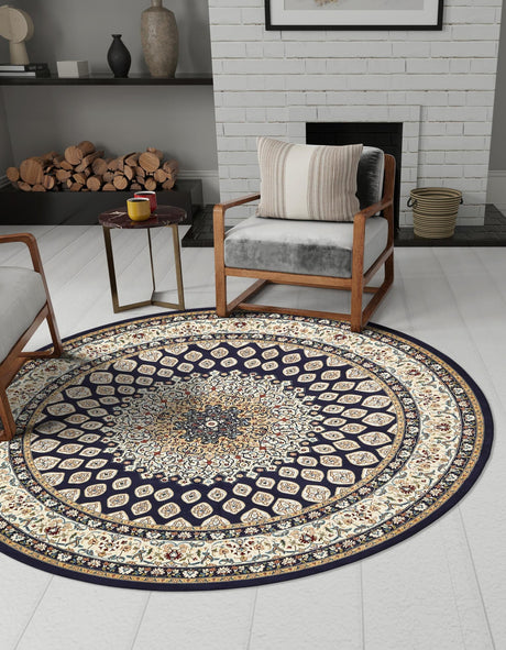 Navy Blue 5' 3 x 5' 3 Narenj Round Area Rug 85% Polypropylene & 15% Polyester Traditional Classic Carpet for Living, Dining, Bedrooms, Office for Sale at Rug Engine