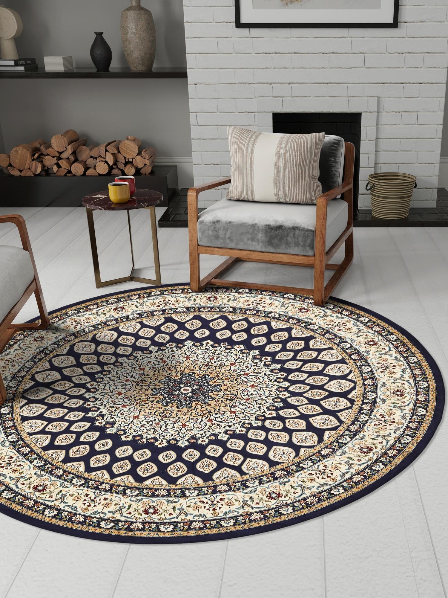 Navy Blue 10' x 10' Narenj Round Area Rug 85% Polypropylene & 15% Polyester Traditional Classic Carpet for Living, Dining, Bedrooms, Office for Sale at Rug Engine