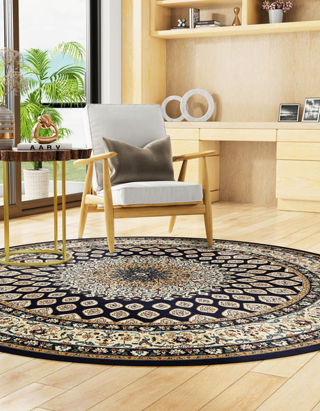 Navy Blue 5' 3 x 5' 3 Narenj Round Area Rug 85% Polypropylene & 15% Polyester Traditional Classic Carpet for Living, Dining, Bedrooms, Office for Sale at Rug Engine