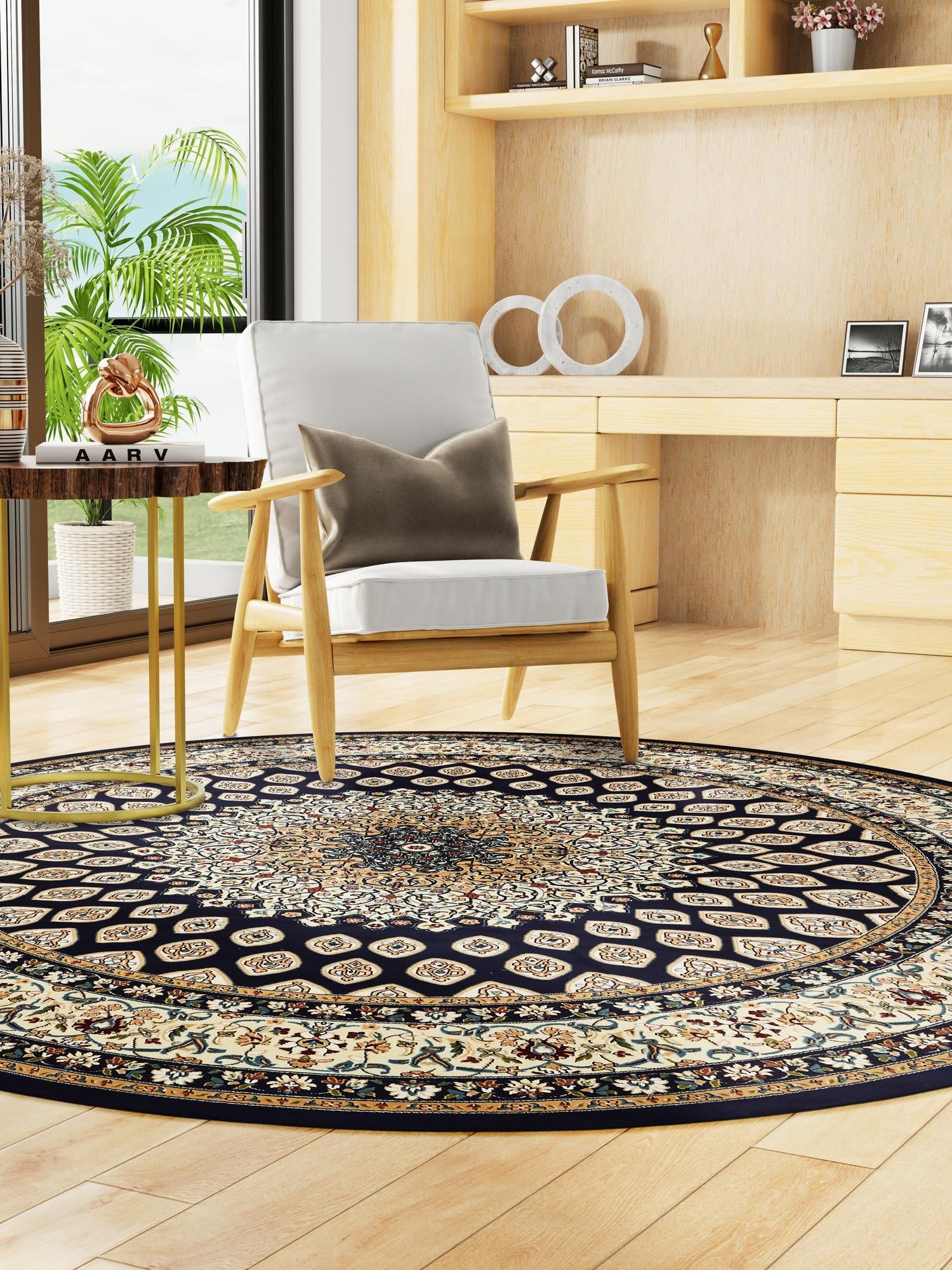 Navy Blue 10' x 10' Narenj Round Area Rug 85% Polypropylene & 15% Polyester Traditional Classic Carpet for Living, Dining, Bedrooms, Office for Sale at Rug Engine