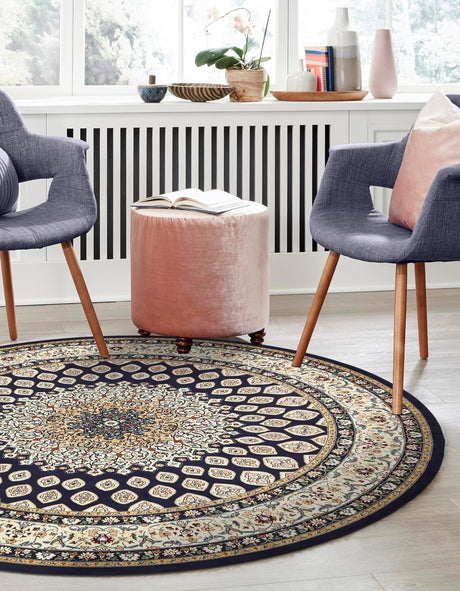 Navy Blue 5' 3 x 5' 3 Narenj Round Area Rug 85% Polypropylene & 15% Polyester Traditional Classic Carpet for Living, Dining, Bedrooms, Office for Sale at Rug Engine