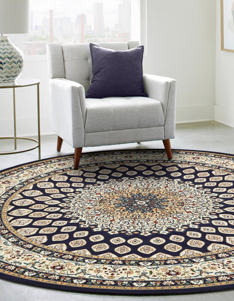 Navy Blue 5' 3 x 5' 3 Narenj Round Area Rug 85% Polypropylene & 15% Polyester Traditional Classic Carpet for Living, Dining, Bedrooms, Office for Sale at Rug Engine