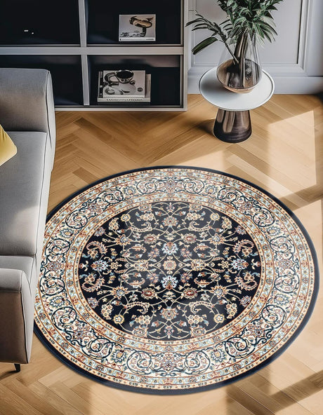 Navy Blue 5' 3 x 5' 3 Narenj Round Area Rug 85% Polypropylene & 15% Polyester Traditional Classic Carpet for Living, Dining, Bedrooms, Office for Sale at Rug Engine