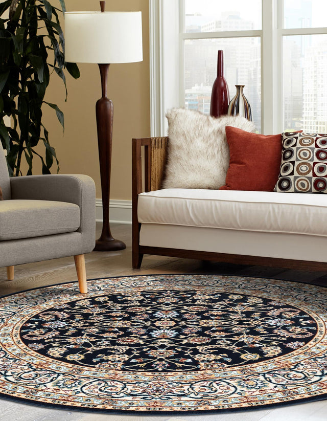 Navy Blue 5' 3 x 5' 3 Narenj Round Area Rug 85% Polypropylene & 15% Polyester Traditional Classic Carpet for Living, Dining, Bedrooms, Office for Sale at Rug Engine