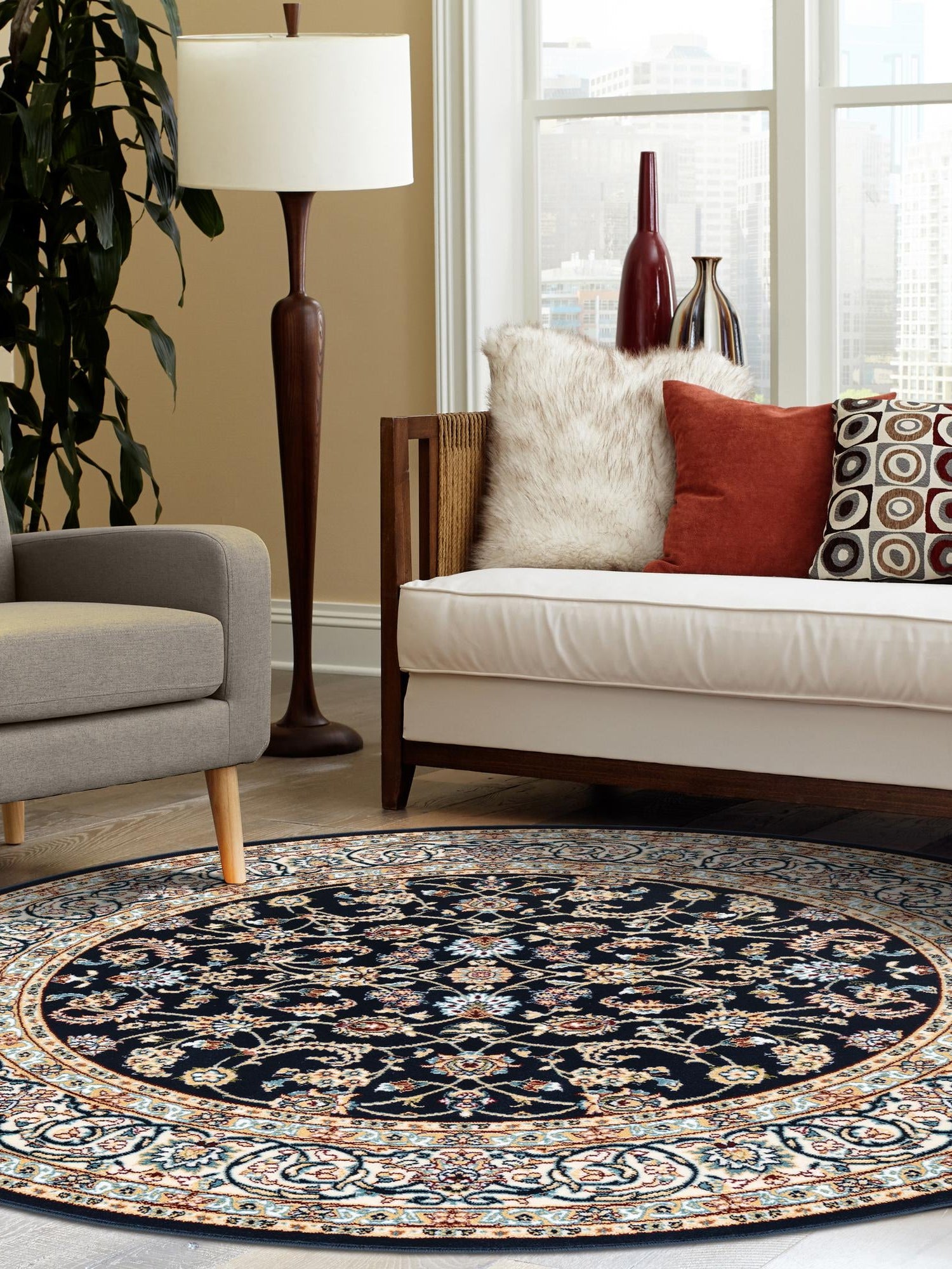 Navy Blue 10' x 10' Narenj Round Area Rug 85% Polypropylene & 15% Polyester Traditional Classic Carpet for Living, Dining, Bedrooms, Office for Sale at Rug Engine