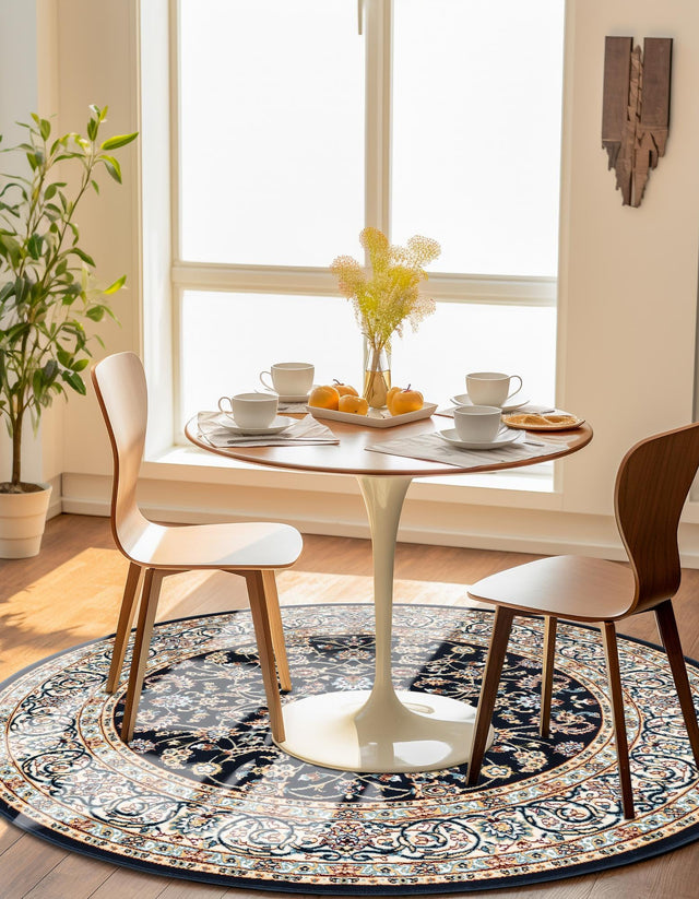 Navy Blue 5' 3 x 5' 3 Narenj Round Area Rug 85% Polypropylene & 15% Polyester Traditional Classic Carpet for Living, Dining, Bedrooms, Office for Sale at Rug Engine