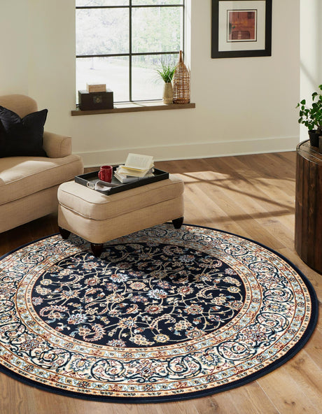 Navy Blue 5' 3 x 5' 3 Narenj Round Area Rug 85% Polypropylene & 15% Polyester Traditional Classic Carpet for Living, Dining, Bedrooms, Office for Sale at Rug Engine