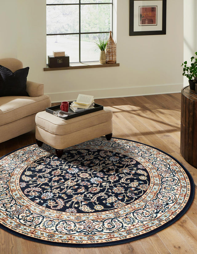 Navy Blue 5' 3 x 5' 3 Narenj Round Area Rug 85% Polypropylene & 15% Polyester Traditional Classic Carpet for Living, Dining, Bedrooms, Office for Sale at Rug Engine