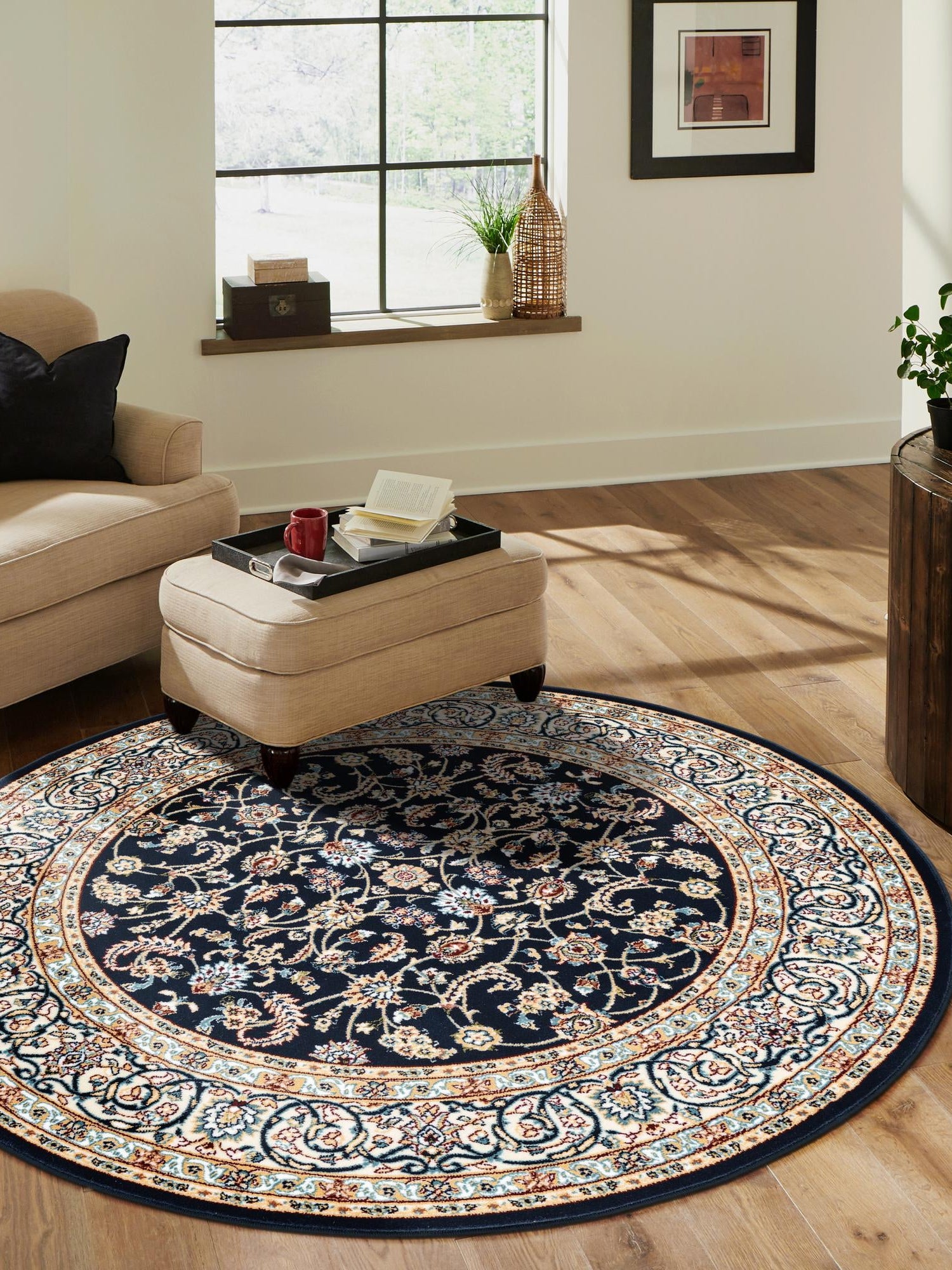 Navy Blue 10' x 10' Narenj Round Area Rug 85% Polypropylene & 15% Polyester Traditional Classic Carpet for Living, Dining, Bedrooms, Office for Sale at Rug Engine