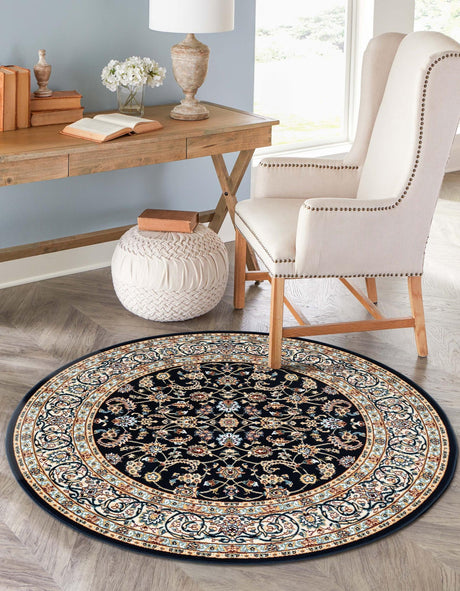 Navy Blue 5' 3 x 5' 3 Narenj Round Area Rug 85% Polypropylene & 15% Polyester Traditional Classic Carpet for Living, Dining, Bedrooms, Office for Sale at Rug Engine