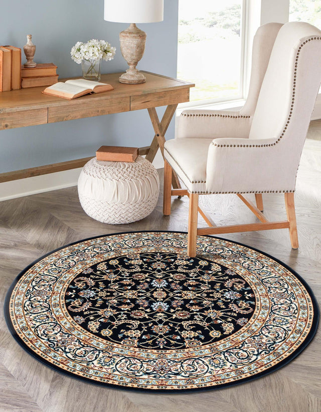 Navy Blue 5' 3 x 5' 3 Narenj Round Area Rug 85% Polypropylene & 15% Polyester Traditional Classic Carpet for Living, Dining, Bedrooms, Office for Sale at Rug Engine