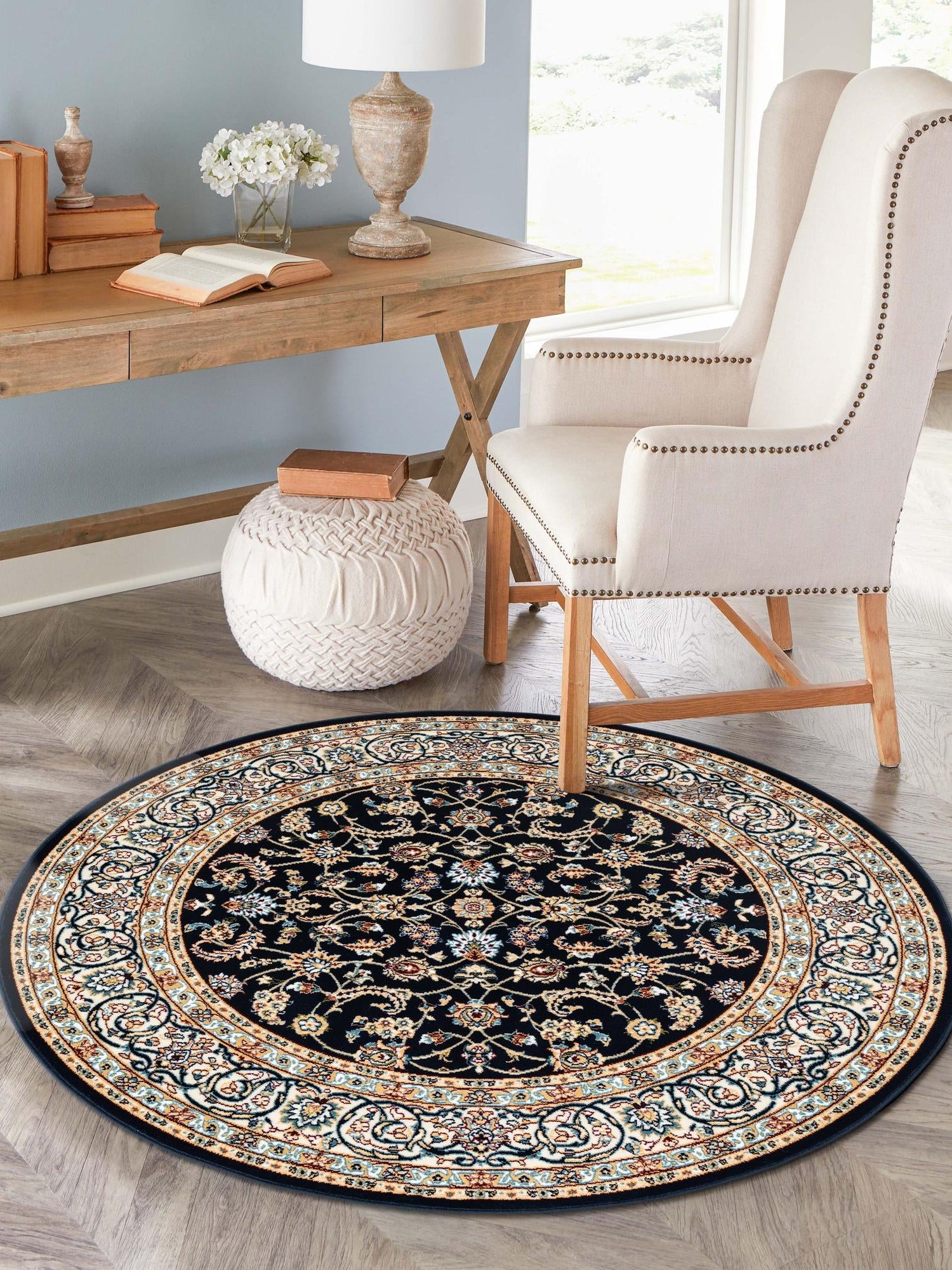 Navy Blue 10' x 10' Narenj Round Area Rug 85% Polypropylene & 15% Polyester Traditional Classic Carpet for Living, Dining, Bedrooms, Office for Sale at Rug Engine