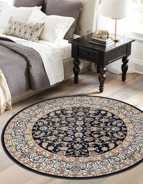 Navy Blue 5' 3 x 5' 3 Narenj Round Area Rug 85% Polypropylene & 15% Polyester Traditional Classic Carpet for Living, Dining, Bedrooms, Office for Sale at Rug Engine
