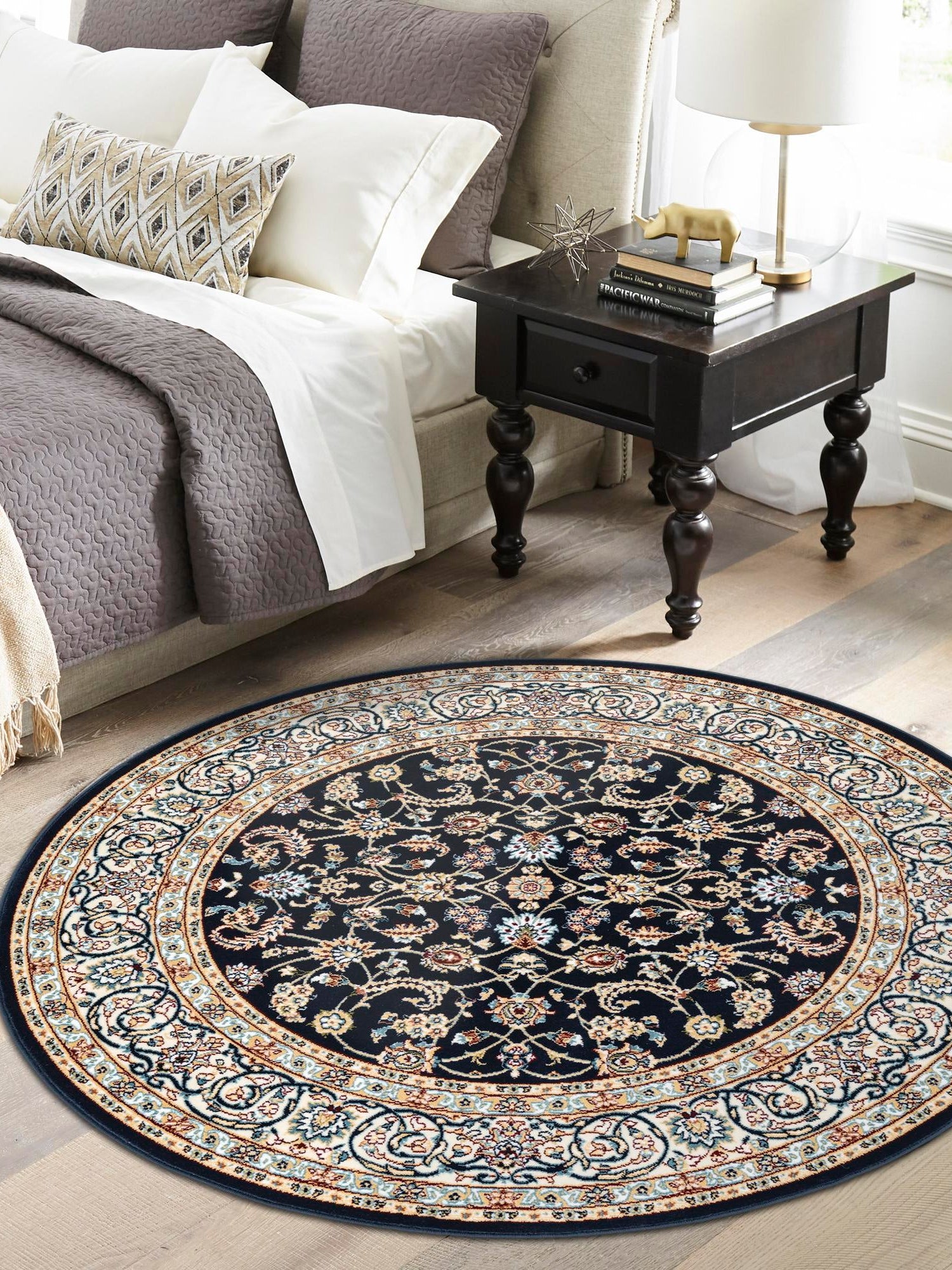 Navy Blue 10' x 10' Narenj Round Area Rug 85% Polypropylene & 15% Polyester Traditional Classic Carpet for Living, Dining, Bedrooms, Office for Sale at Rug Engine