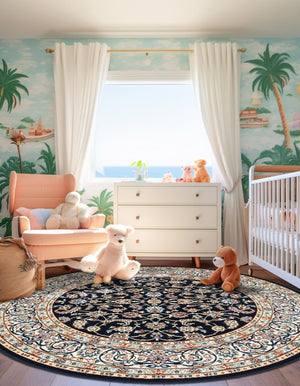 Navy Blue 5' 3 x 5' 3 Narenj Round Area Rug 85% Polypropylene & 15% Polyester Traditional Classic Carpet for Living, Dining, Bedrooms, Office for Sale at Rug Engine