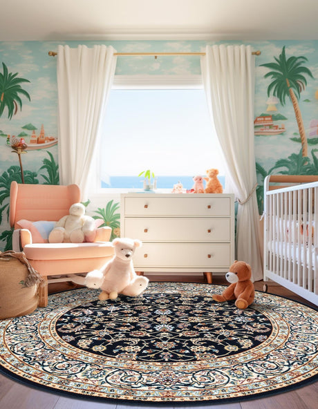 Navy Blue 5' 3 x 5' 3 Narenj Round Area Rug 85% Polypropylene & 15% Polyester Traditional Classic Carpet for Living, Dining, Bedrooms, Office for Sale at Rug Engine