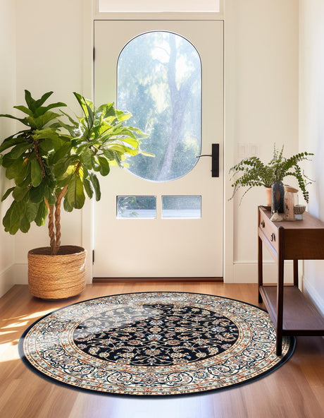 Navy Blue 5' 3 x 5' 3 Narenj Round Area Rug 85% Polypropylene & 15% Polyester Traditional Classic Carpet for Living, Dining, Bedrooms, Office for Sale at Rug Engine