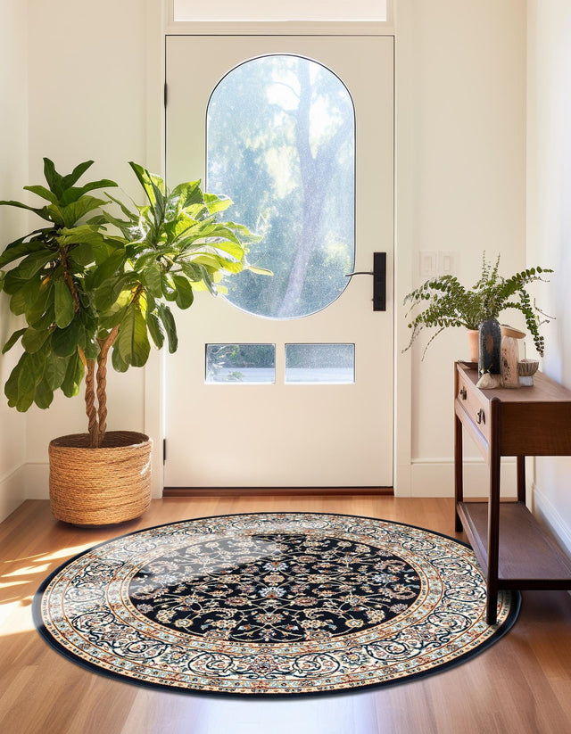 Navy Blue 5' 3 x 5' 3 Narenj Round Area Rug 85% Polypropylene & 15% Polyester Traditional Classic Carpet for Living, Dining, Bedrooms, Office for Sale at Rug Engine