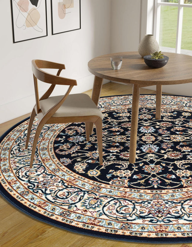 Navy Blue 5' 3 x 5' 3 Narenj Round Area Rug 85% Polypropylene & 15% Polyester Traditional Classic Carpet for Living, Dining, Bedrooms, Office for Sale at Rug Engine
