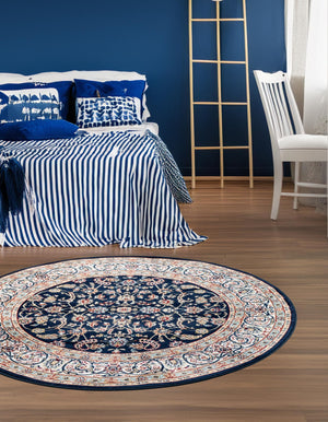 Navy Blue 5' 3 x 5' 3 Narenj Round Area Rug 85% Polypropylene & 15% Polyester Traditional Classic Carpet for Living, Dining, Bedrooms, Office for Sale at Rug Engine