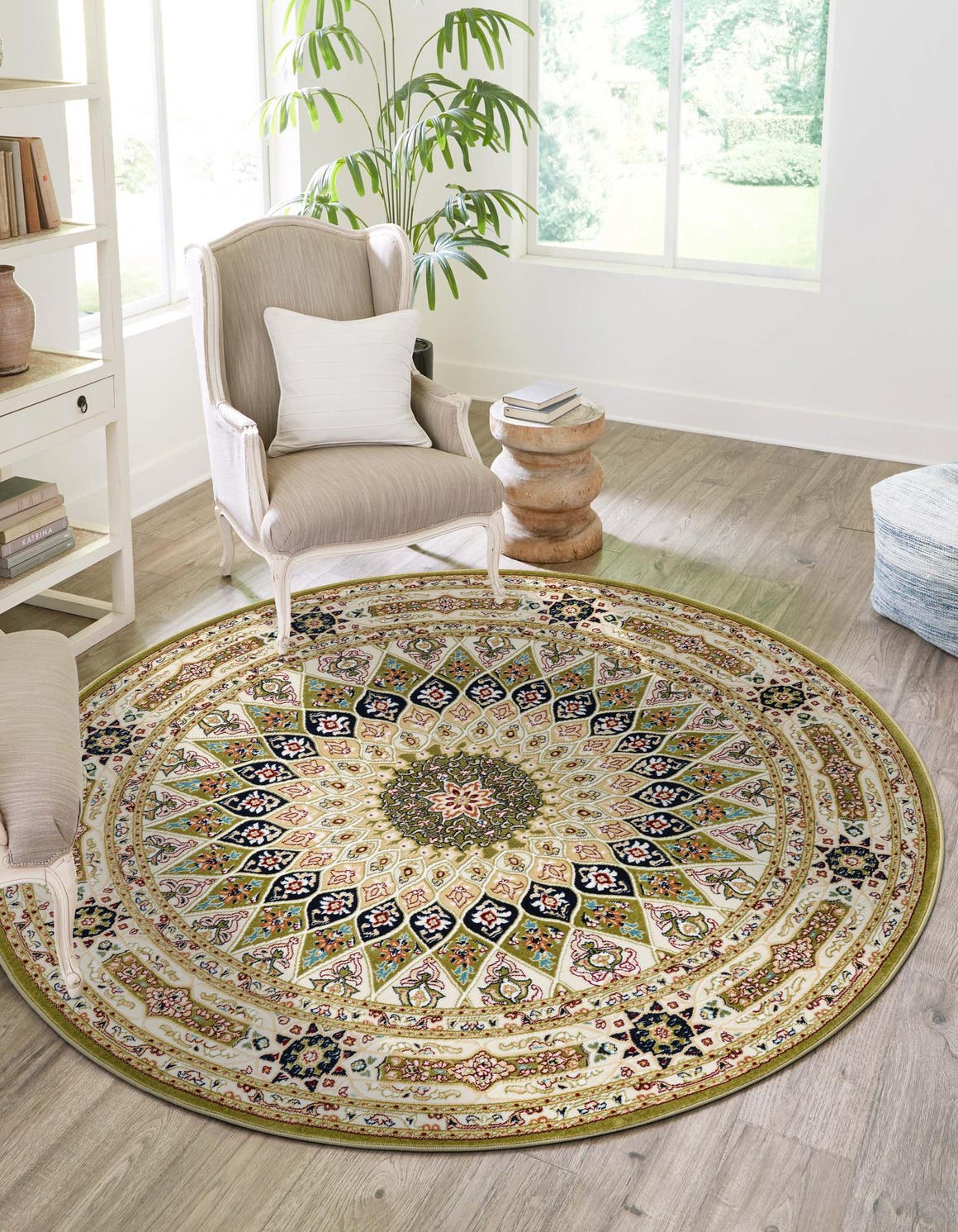 Green 5' 3 x 5' 3 Narenj Round Area Rug 85% Polypropylene & 15% Polyester Traditional Classic Carpet for Living, Dining, Bedrooms, Office for Sale at Rug Engine