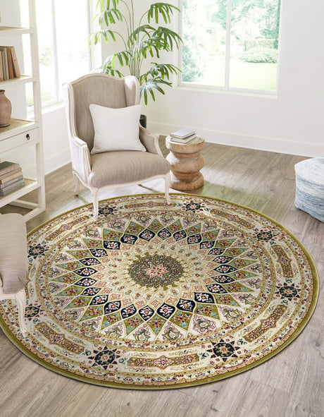 Green 5' 3 x 5' 3 Narenj Round Area Rug 85% Polypropylene & 15% Polyester Traditional Classic Carpet for Living, Dining, Bedrooms, Office for Sale at Rug Engine