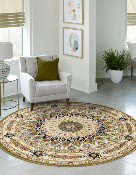Green 5' 3 x 5' 3 Narenj Round Area Rug 85% Polypropylene & 15% Polyester Traditional Classic Carpet for Living, Dining, Bedrooms, Office for Sale at Rug Engine