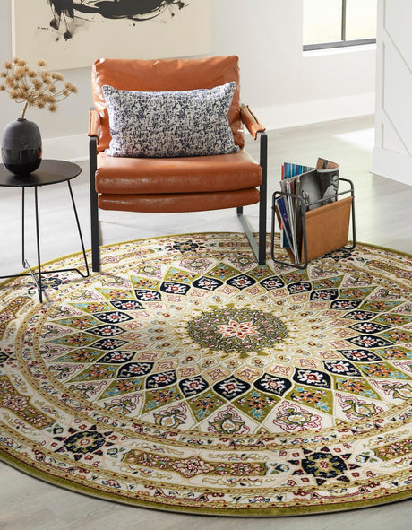 Green 5' 3 x 5' 3 Narenj Round Area Rug 85% Polypropylene & 15% Polyester Traditional Classic Carpet for Living, Dining, Bedrooms, Office for Sale at Rug Engine