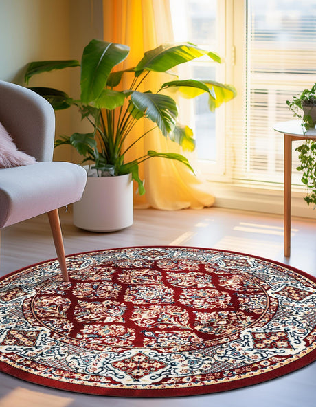 Burgundy 5' 3 x 5' 3 Narenj Round Area Rug 85% Polypropylene & 15% Polyester Traditional Classic Carpet for Living, Dining, Bedrooms, Office for Sale at Rug Engine