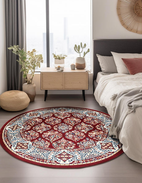 Burgundy 5' 3 x 5' 3 Narenj Round Area Rug 85% Polypropylene & 15% Polyester Traditional Classic Carpet for Living, Dining, Bedrooms, Office for Sale at Rug Engine