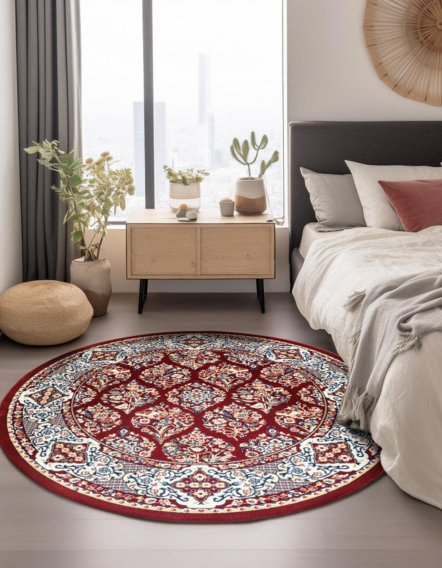 Burgundy 5' 3 x 5' 3 Narenj Round Area Rug 85% Polypropylene & 15% Polyester Traditional Classic Carpet for Living, Dining, Bedrooms, Office for Sale at Rug Engine