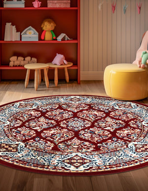 Burgundy 5' 3 x 5' 3 Narenj Round Area Rug 85% Polypropylene & 15% Polyester Traditional Classic Carpet for Living, Dining, Bedrooms, Office for Sale at Rug Engine