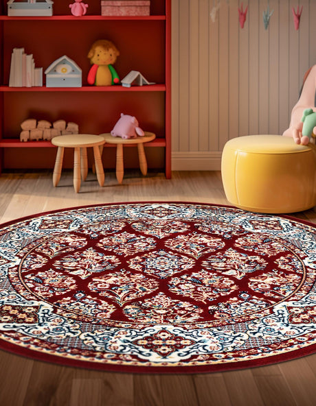 Burgundy 5' 3 x 5' 3 Narenj Round Area Rug 85% Polypropylene & 15% Polyester Traditional Classic Carpet for Living, Dining, Bedrooms, Office for Sale at Rug Engine