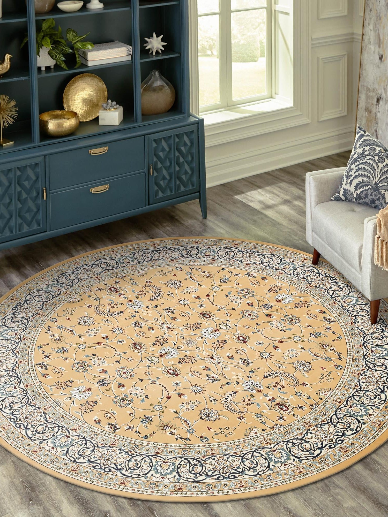 Beige 5' 1 x 5' 1 Narenj Round Area Rug 85% Polypropylene & 15% Polyester Traditional Classic Carpet for Living, Dining, Bedrooms, Office for Sale at Rug Engine